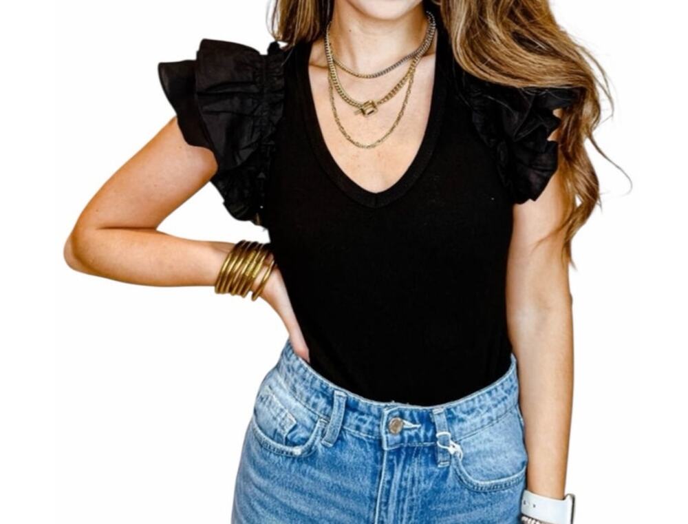 Day+Moon Women's Medium Solid Black Short Sleeve Ruffle V-Neck Bodysuit